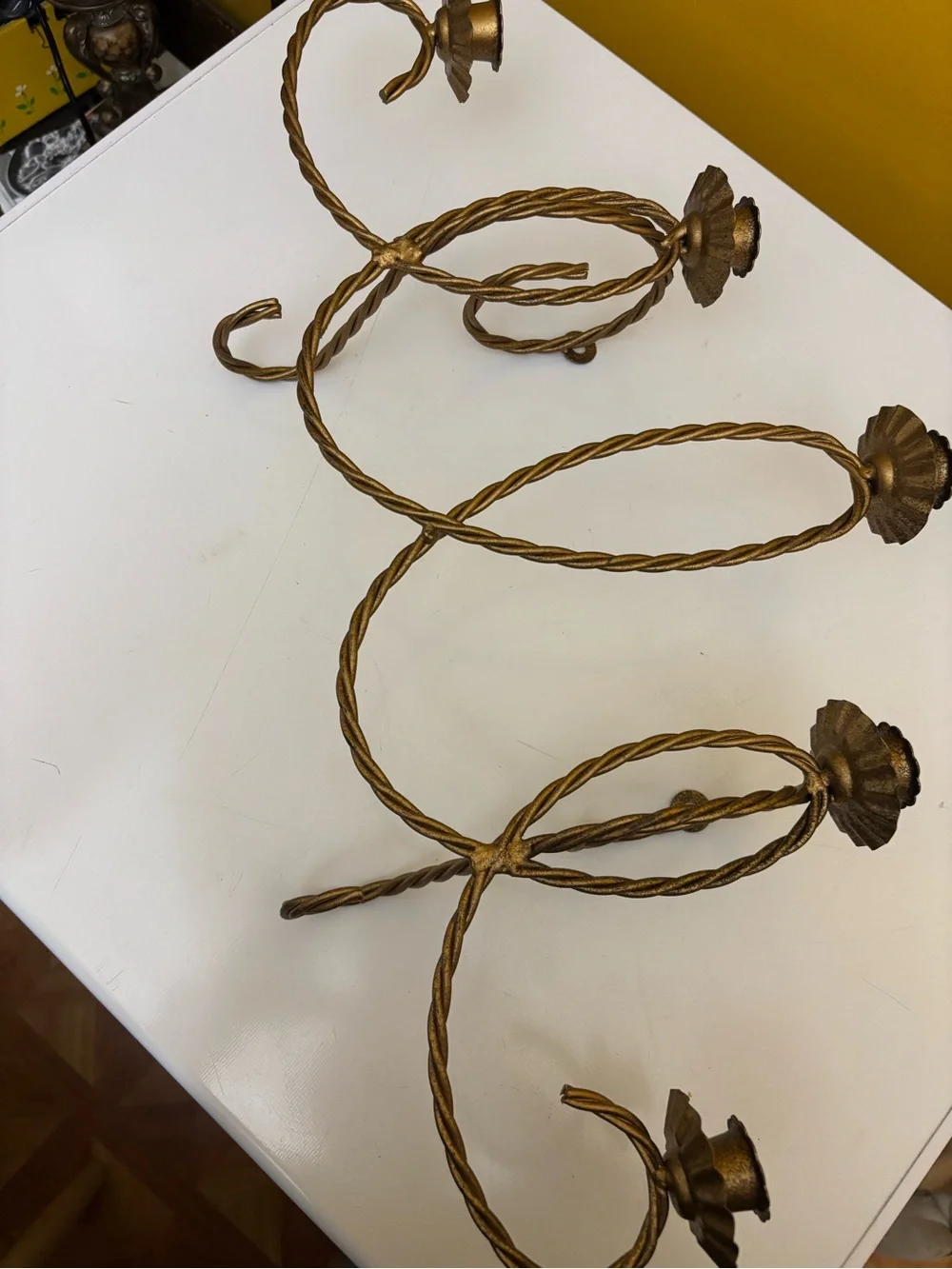 Vintage Gold Twisted Metal Wall Sconce Trio - Decorative Candle Holder